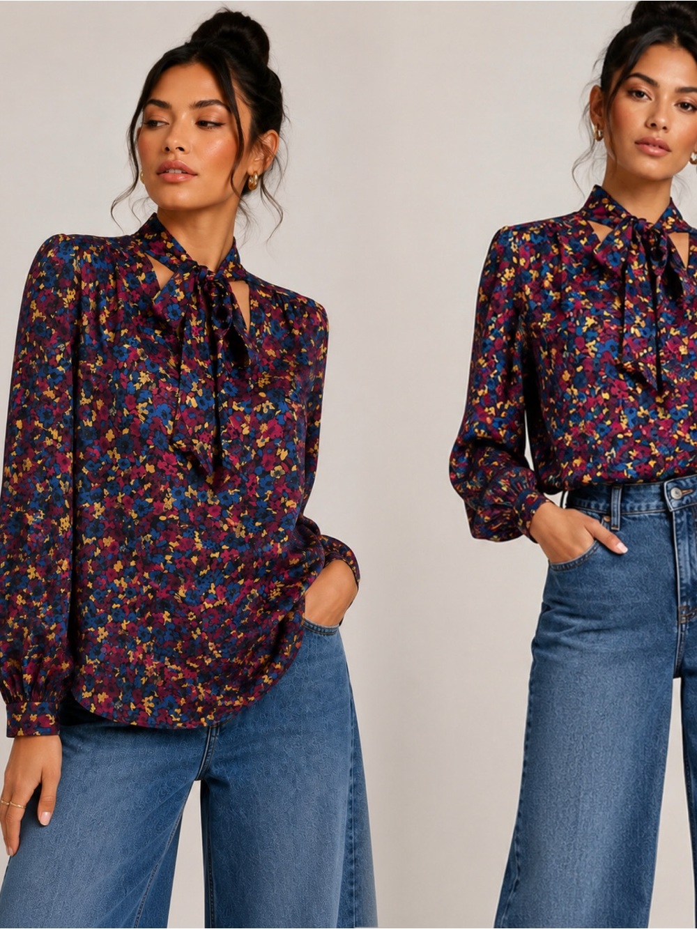 Laundry By Shelli Segal Navy Multicolor Floral Tie-Neck Blouse